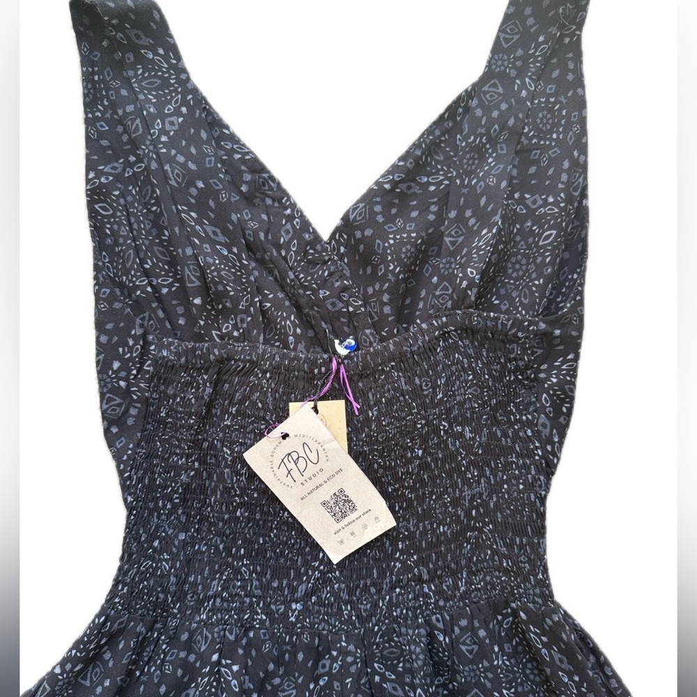 Organic Viscose Smocked Waist & Back Black Patterned Dress with Pockets Fits S/M - Picture 16 of 16